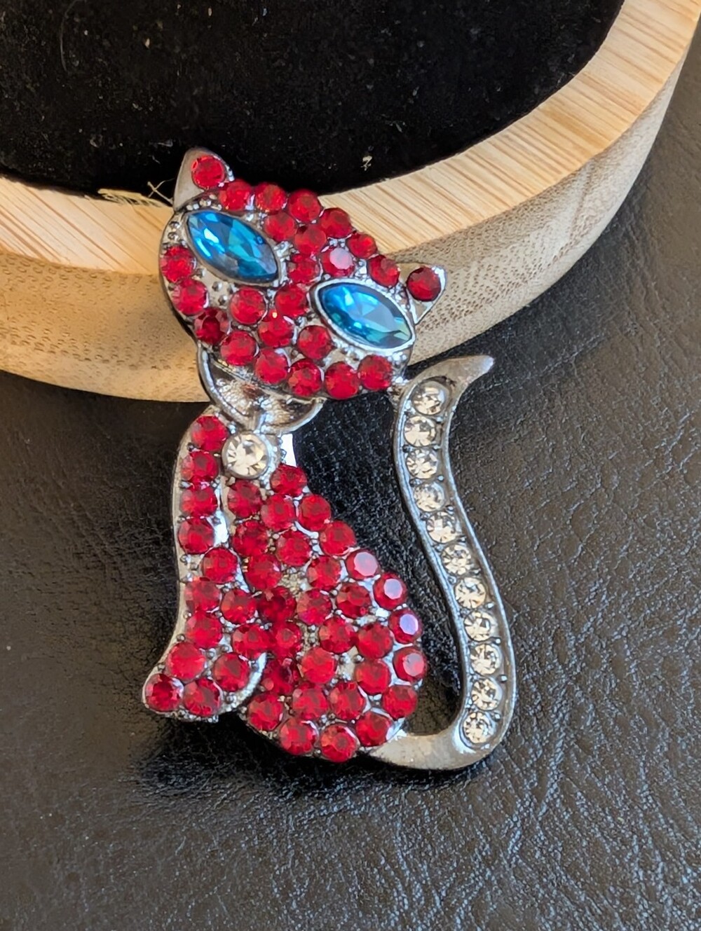 Red Crystal Cat Brooch with Blue Accent Eyes